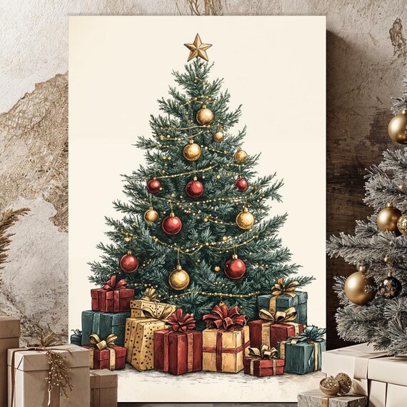 Traditional Christmas Tree With Red Gold Gifts Holiday Poster