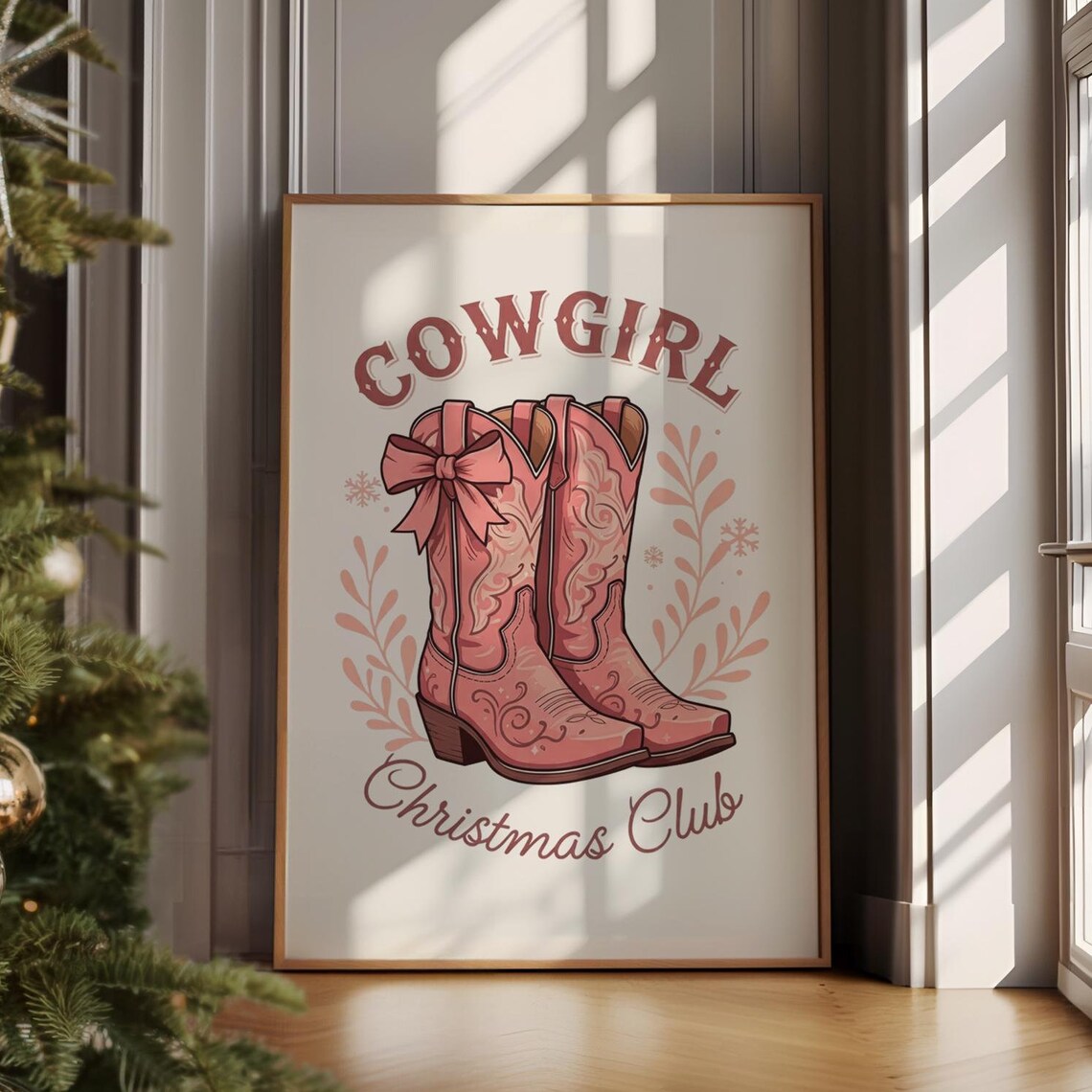 Cowgirl Christmas Club Howdy Christmas Prints Trendy Christmas Printables Retro Christmas Print Western Christmas Art