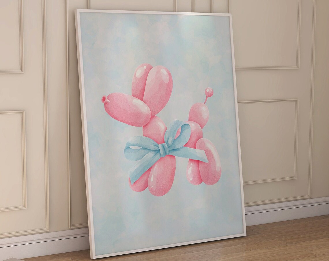 Pink Balloon Dog With Blue Bow Pastel Coquette Room Decor Poster