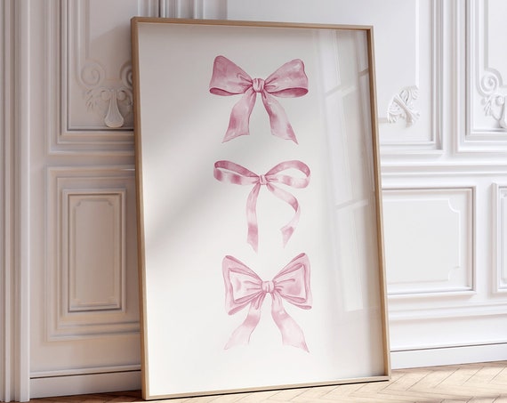 Pink Bow Print Coquette Room Decor Pink Preppy Decor Balletcore Wall Art Watercolor Bows Art Girl Teen Room Prints