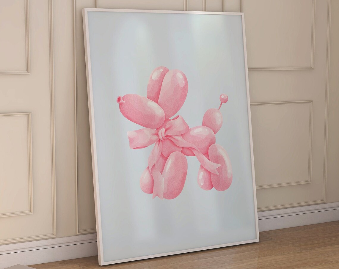 Pink Balloon Dog With Pink Bow Watercolor Coquette Wall Decor Poster