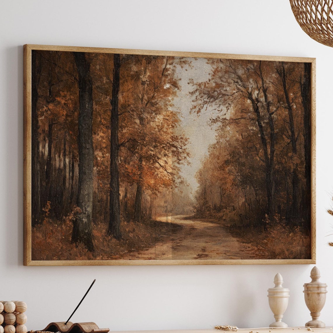 Moody Autumn Forest Path Golden Leaves Vintage Landscape Wall Art - Image 2