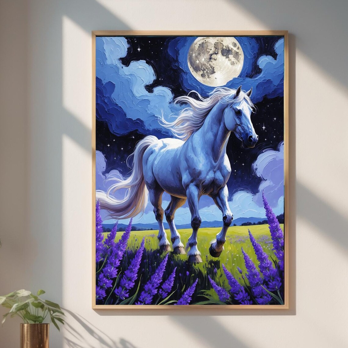 White Horse Under Full Moon Lavender Field Night Painting Poster