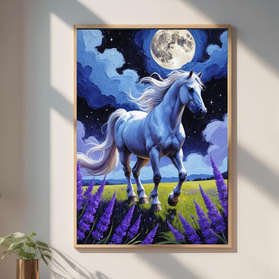 White Horse Under Full Moon Lavender Field Night Painting Poster
