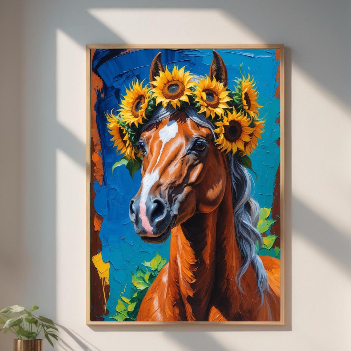 Chestnut Horse Sunflower Crown Blue Portrait Painting Poster