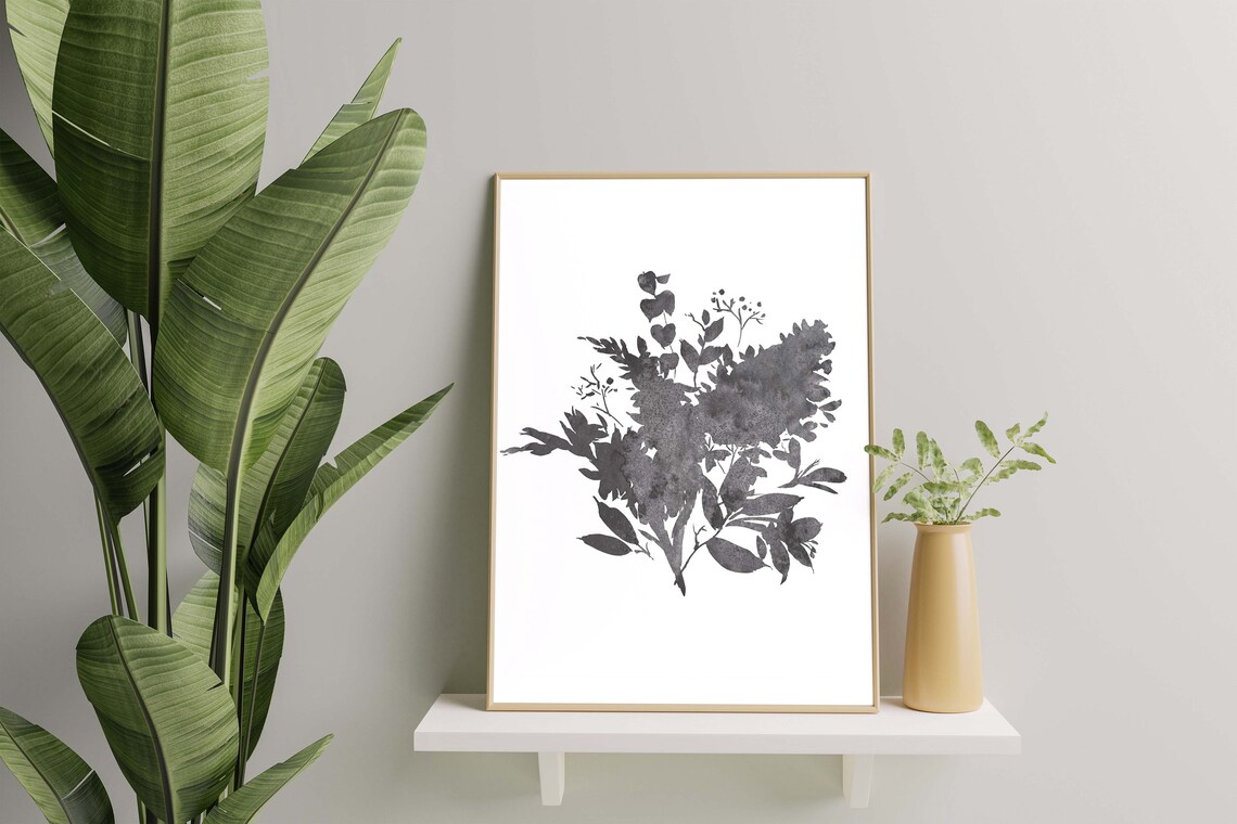 Black Ink Watercolor Floral Bouquet Silhouette Minimal Art Poster - Image 2