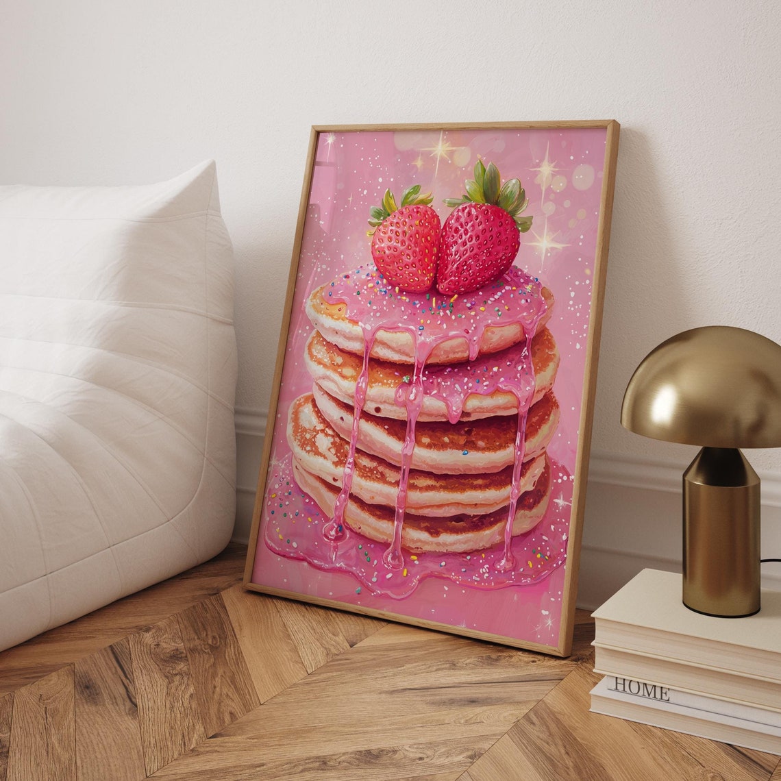 Pink Pancakes Stack Strawberries Syrup Cute Dessert Kitchen Poster