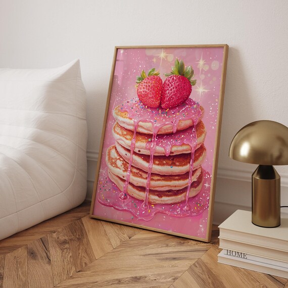 Pink Pancakes Stack Strawberries Syrup Cute Dessert Kitchen Poster
