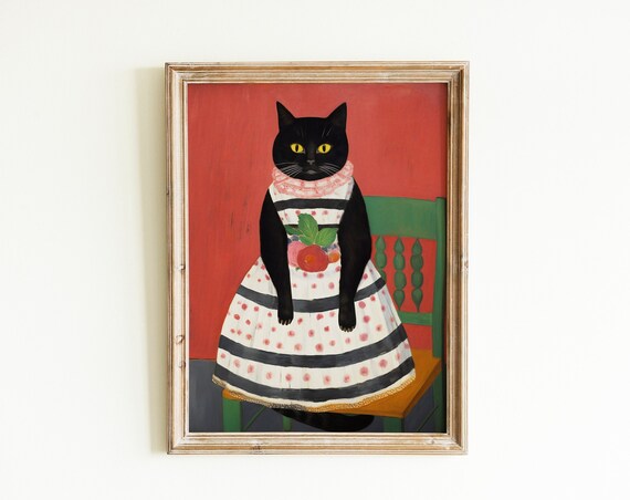 Cat With A Dress Portrait, Vintage Cat Illustration