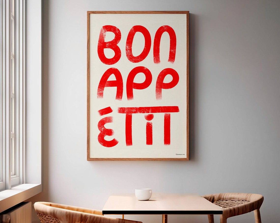 Bon Appetit French Cafe Red Hand Drawn Kitchen Typography Poster