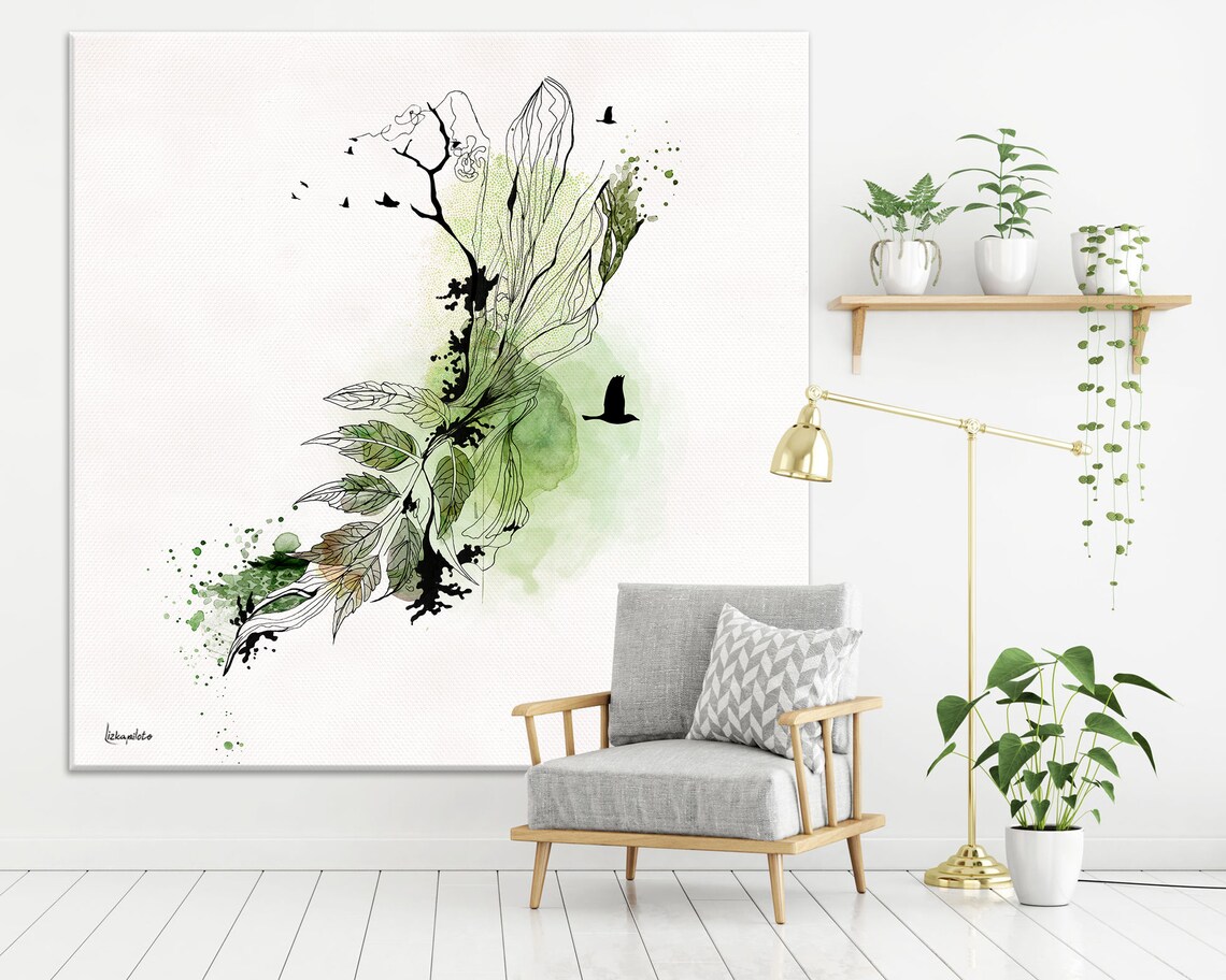 Leaf Watercolor Art Print, Modern Living Room Wall Art