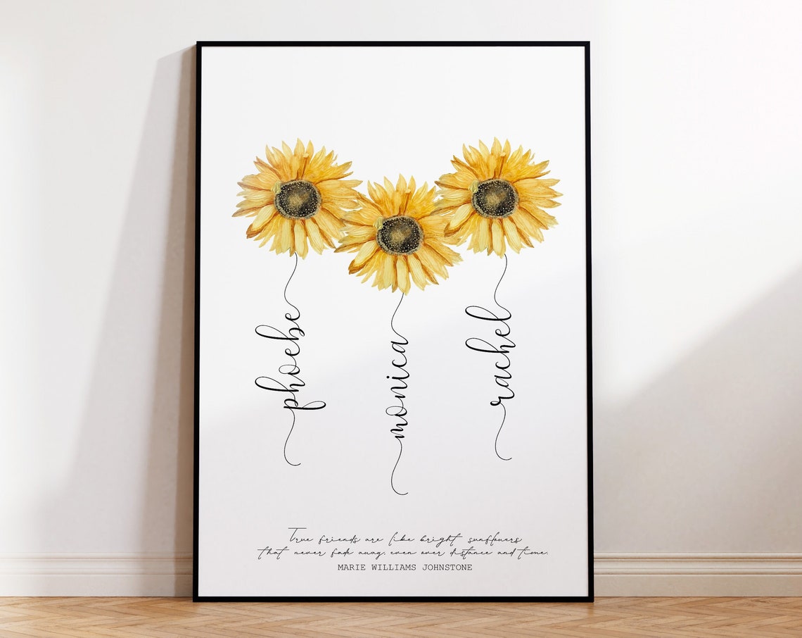 Custom Names Sunflower Print Personalized Friendship Script Poster