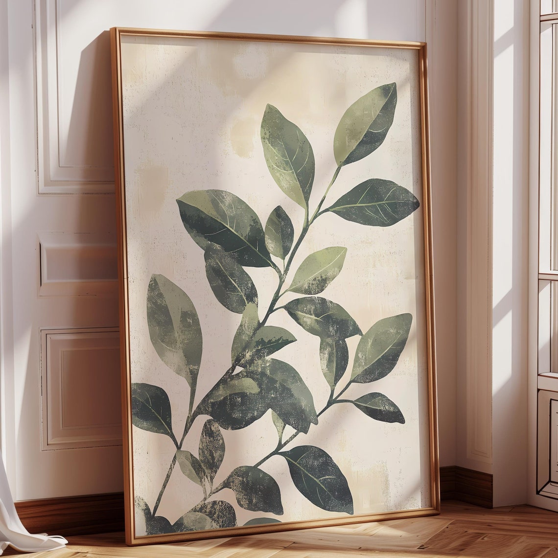 Minimalist Green Leaf Botanical Wall Art on Neutral Cream Background