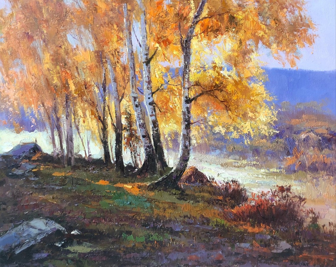 Golden Autumn Birch Trees Forest Misty Hillside Landscape Poster