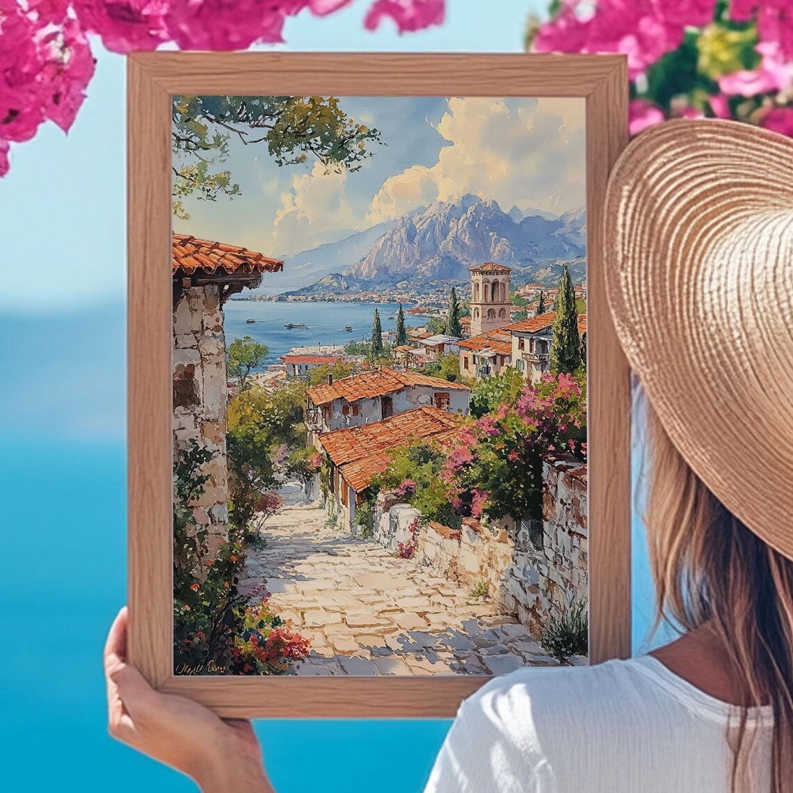 Antalya Turkey Watercolor Art Print, Mediterranean Town