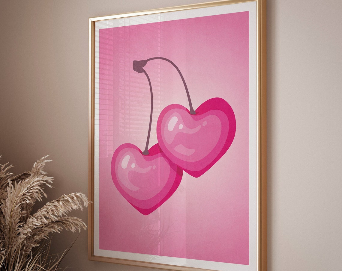 Cherry Hearts Minimalist Pink Art Print - Image 2