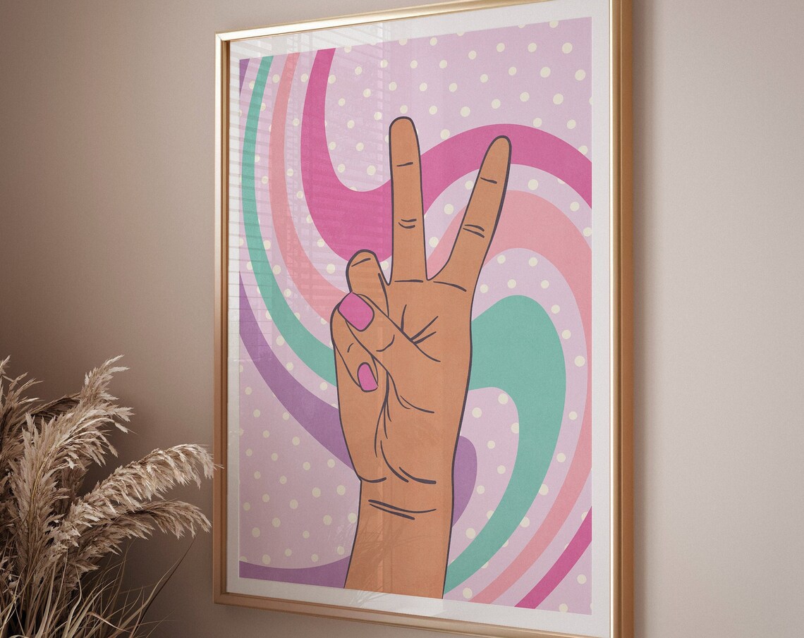 Retro Peace Sign Hand Preppy Pink Purple Swirl Y2K Style Poster - Image 3