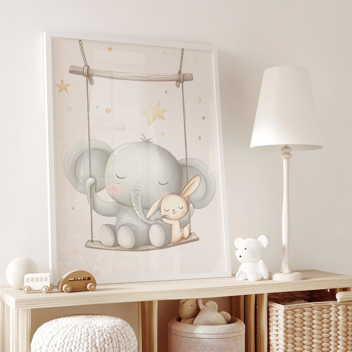 Sleeping Baby Elephant and Bunny Sharing a Wooden Swing Poster - Image 2