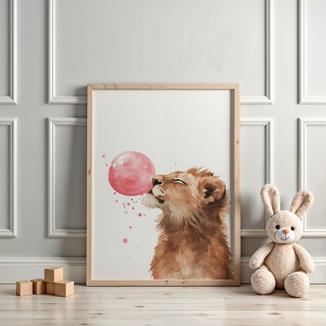 Playful Lion Cub Blowing a Giant Pink Bubblegum Bubble Poster - Image 3