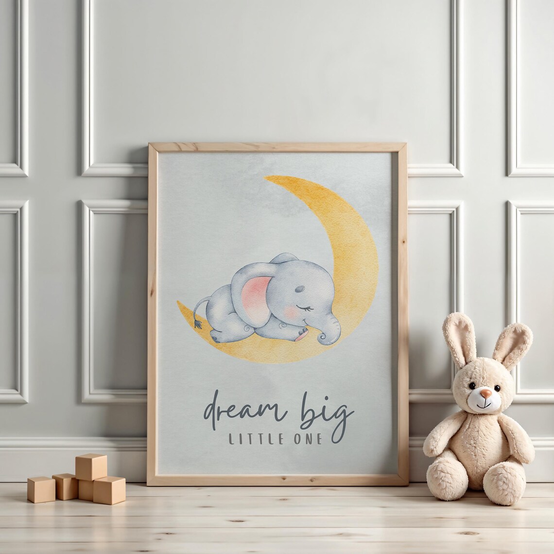 Dream Big Little One Sleeping Elephant Moon Nursery Bedtime Poster - Image 3