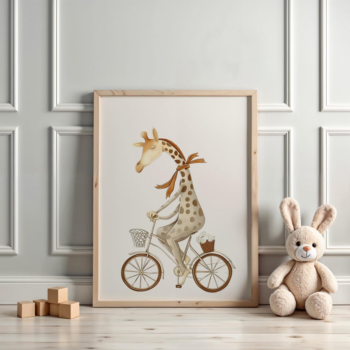 Giraffe Riding A Bicycle Watercolor Whimsical Nursery Wall Poster - Image 3