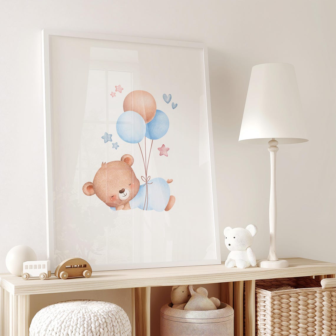 Sleeping Bear Holding Pastel Balloons Sweet Nursery Decor Poster - Image 2