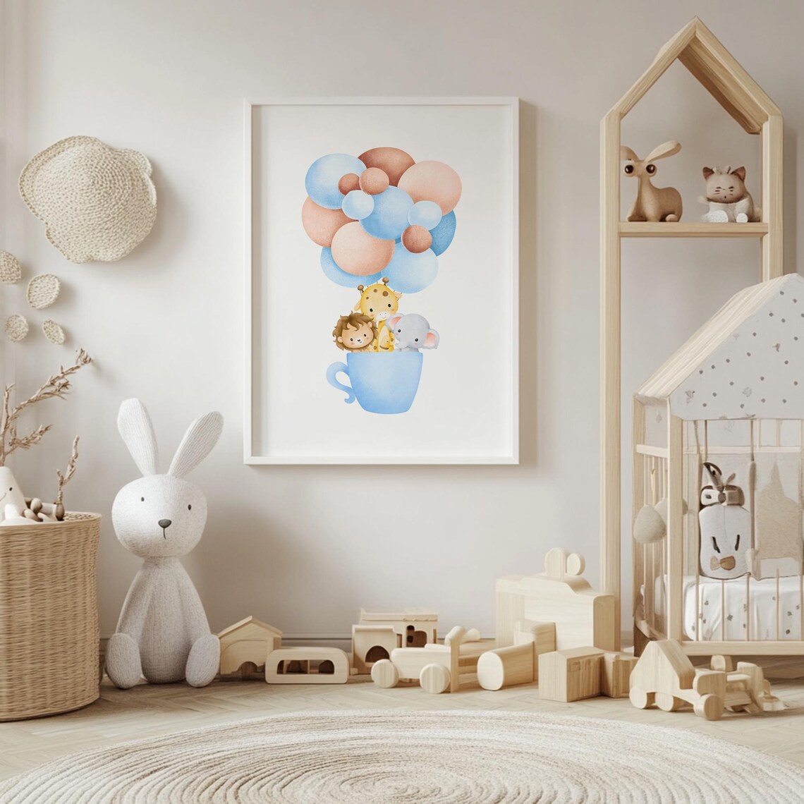 Safari Animals In A Teacup With Balloons Watercolor Nursery Poster - Image 4