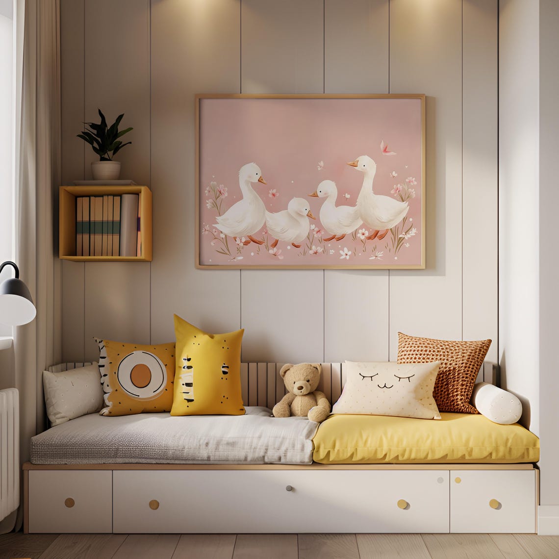 Quirky White Geese Strolling Through Blossoms on Blush Pink Poster - Image 5