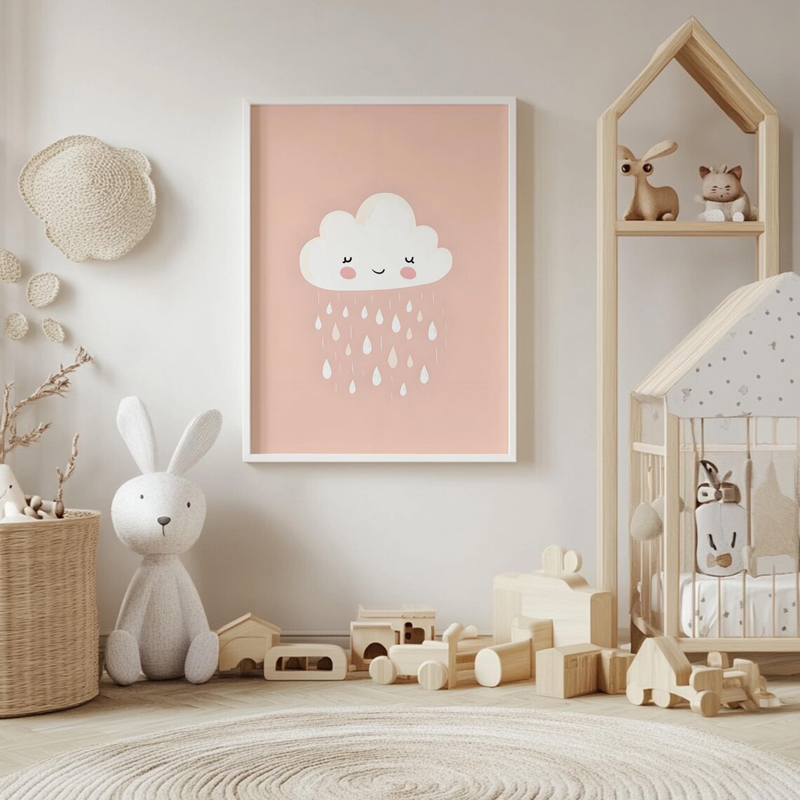 Happy Little Cloud Sprinkling Gentle Rain Blush Nursery Poster - Image 4