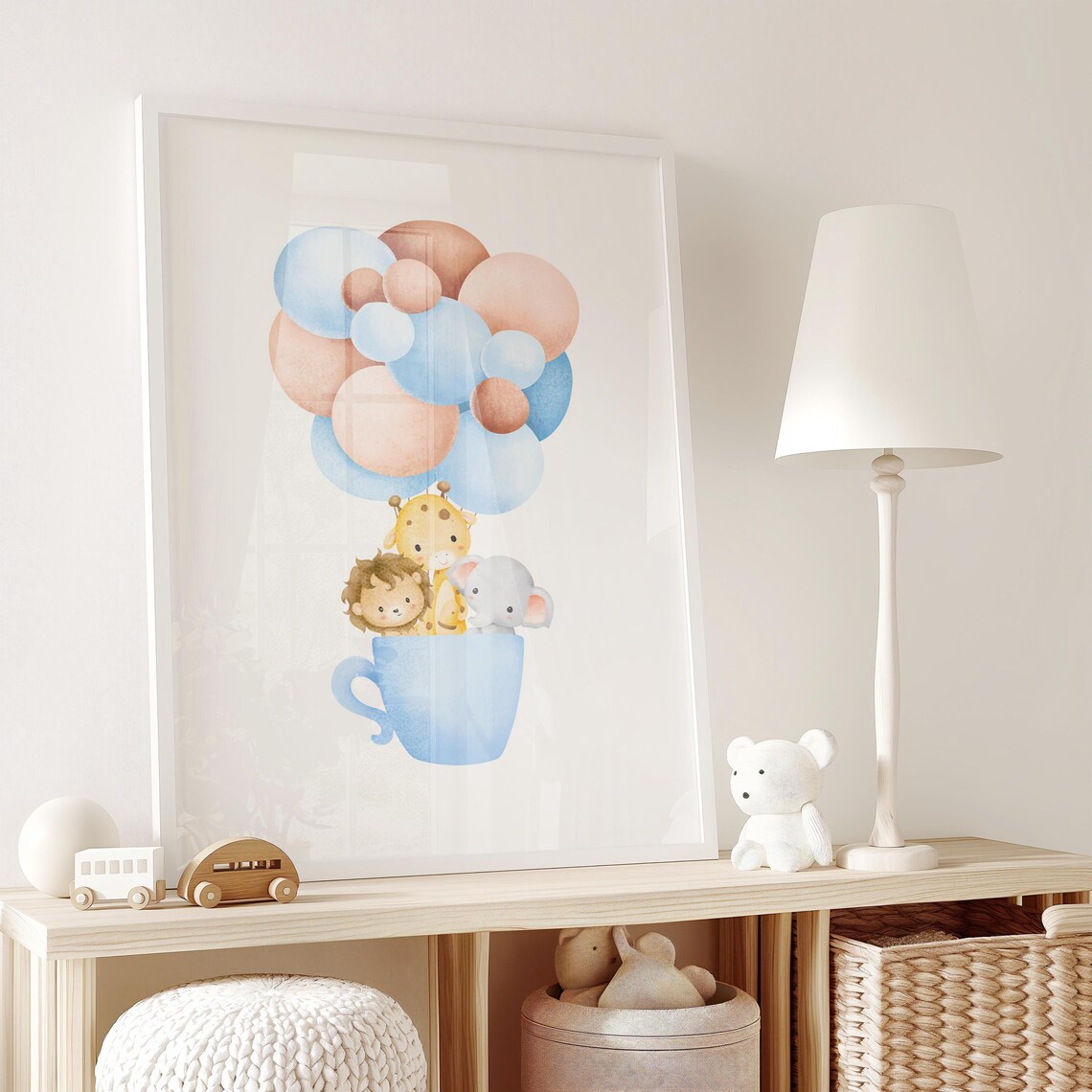 Safari Animals In A Teacup With Balloons Watercolor Nursery Poster - Image 2