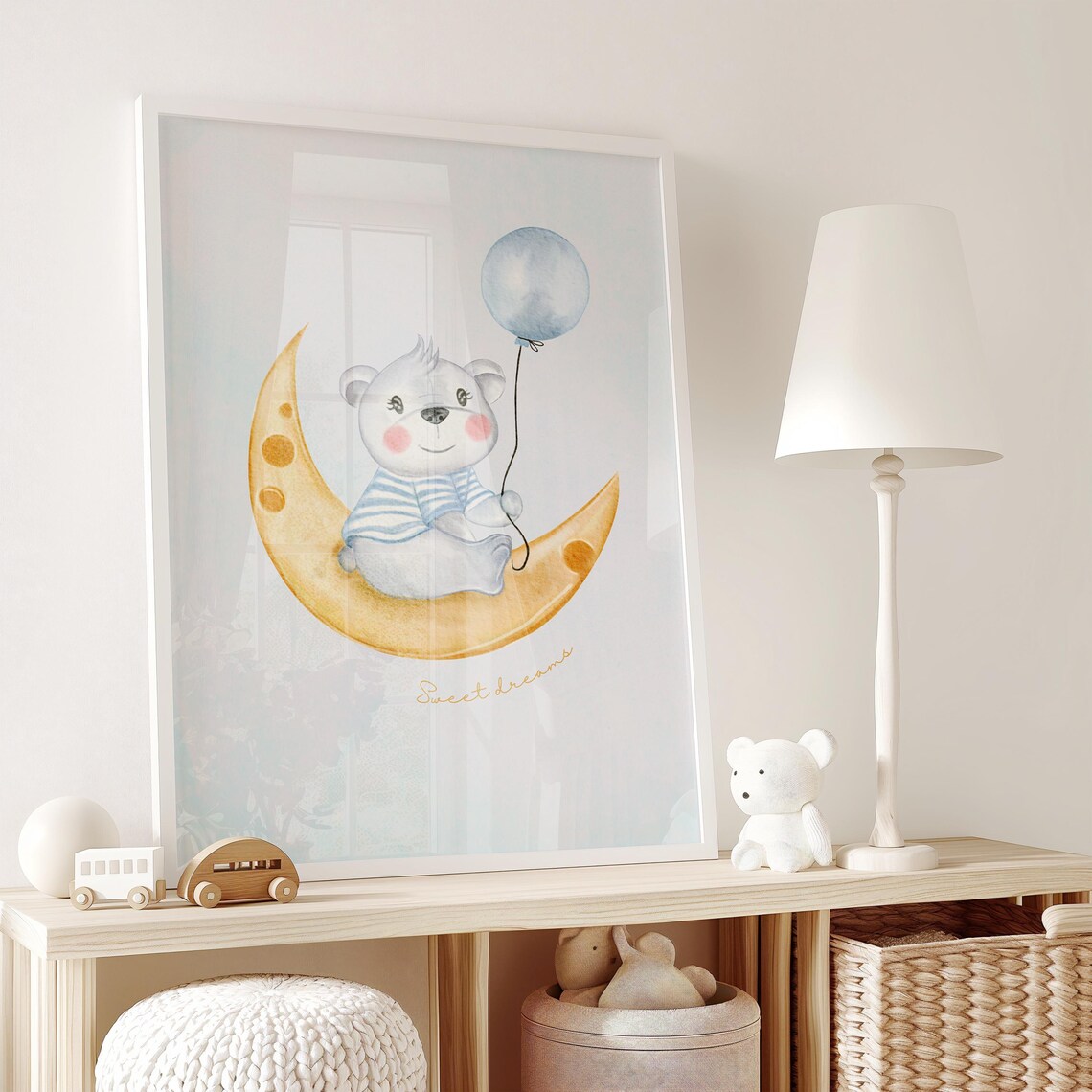 Sweet Dreams Bear On Golden Moon Balloon Watercolor Nursery Poster - Image 2