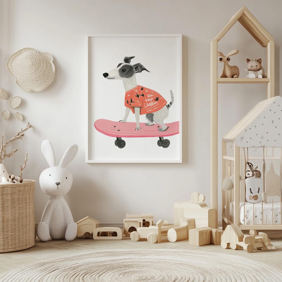 Whippet in a Coral Shirt Cruising on a Pink Skateboard Poster - Image 4