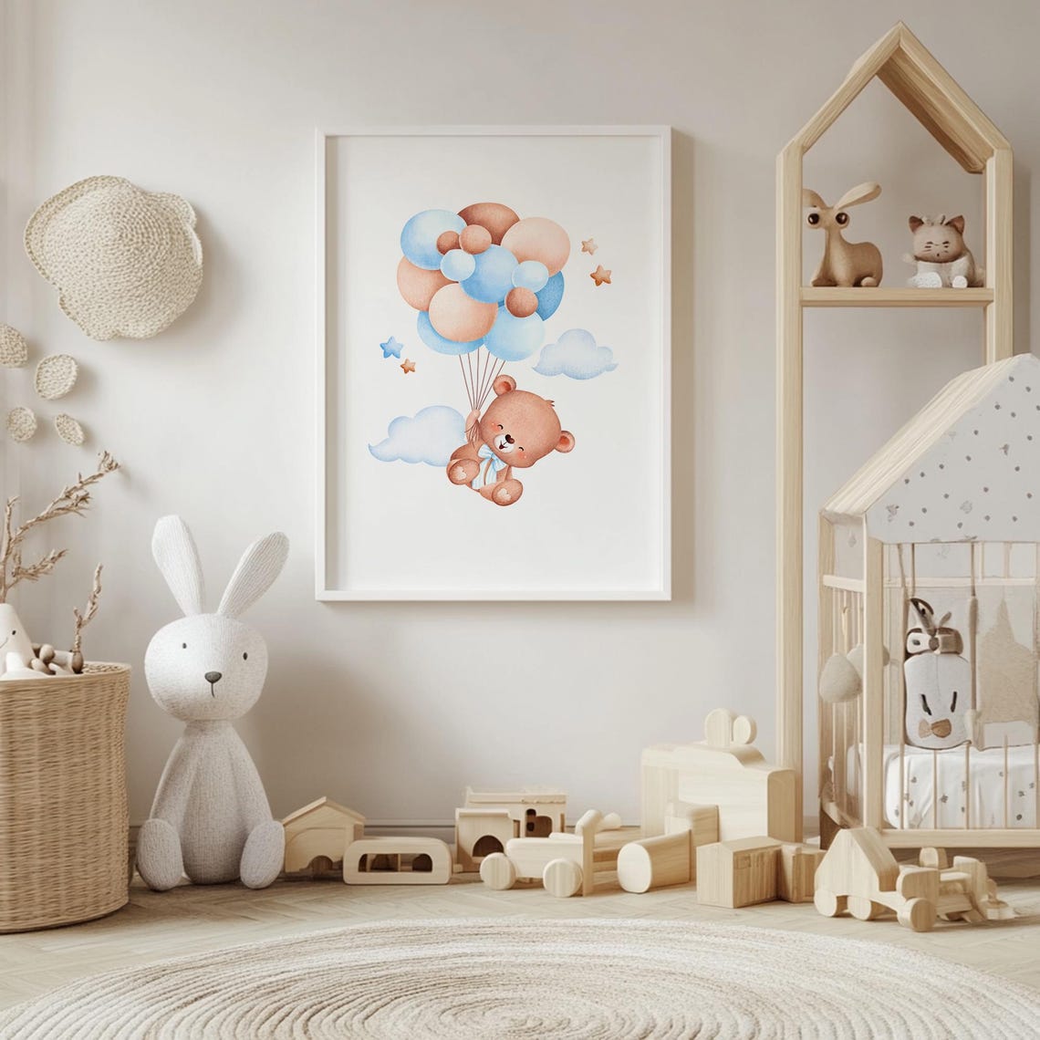 Watercolor Teddy Bear Floating With Pastel Balloons Nursery Poster - Image 4