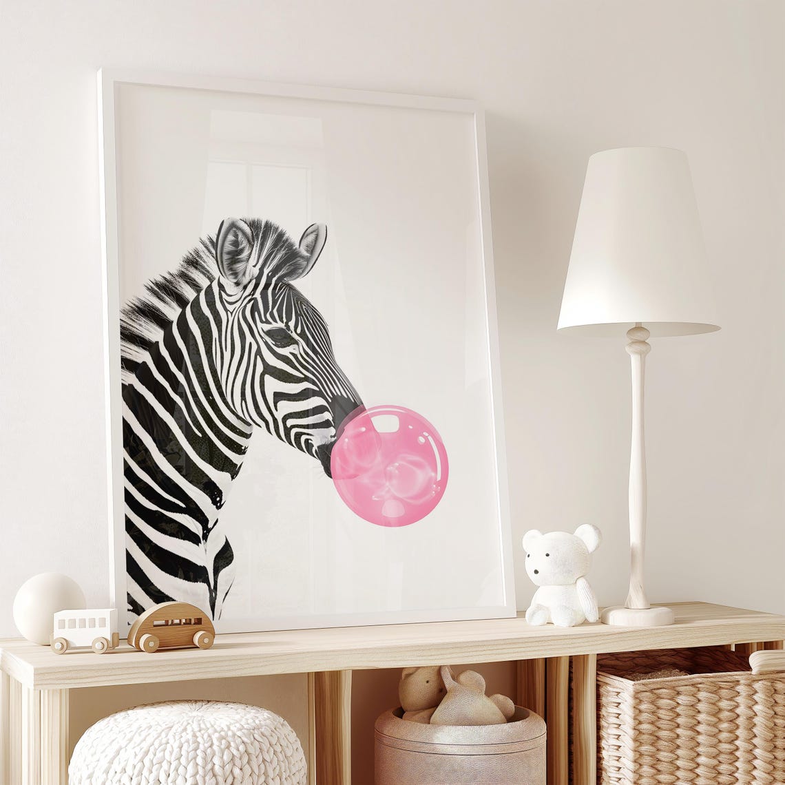Zebra Blowing Pink Bubble Gum Funny Modern Animal Wall Decor Poster - Image 2