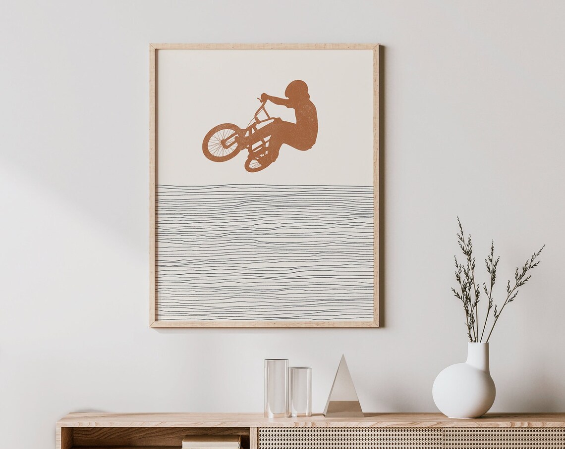 BMX Biker Mid Jump Boho Minimalist Terracotta Sports Decor Poster