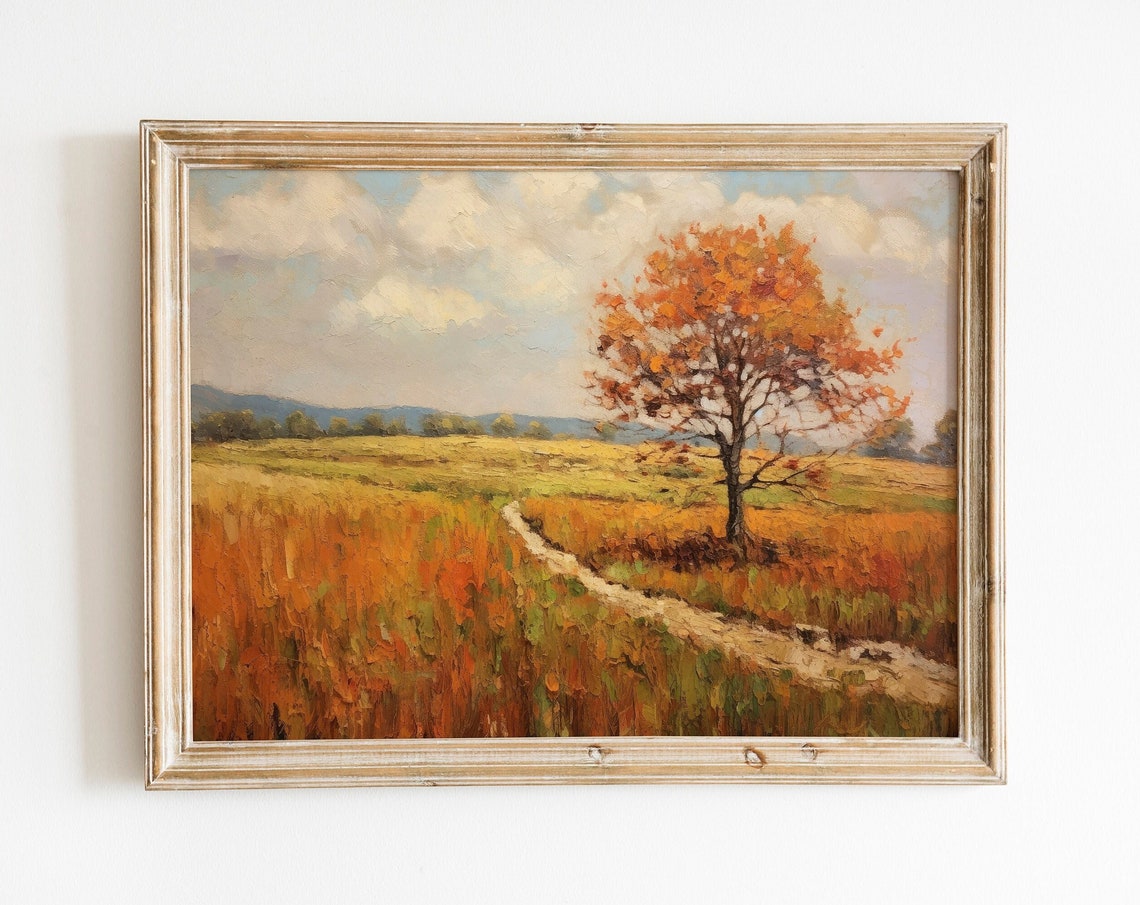 Rustic Autumn Field Lone Tree Winding Path Farmhouse Art Print