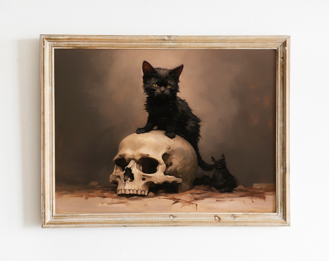 Black Kitten Sitting on Skull Moody Vintage Halloween Poster