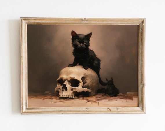 Black Kitten Sitting on Skull Moody Vintage Halloween Poster