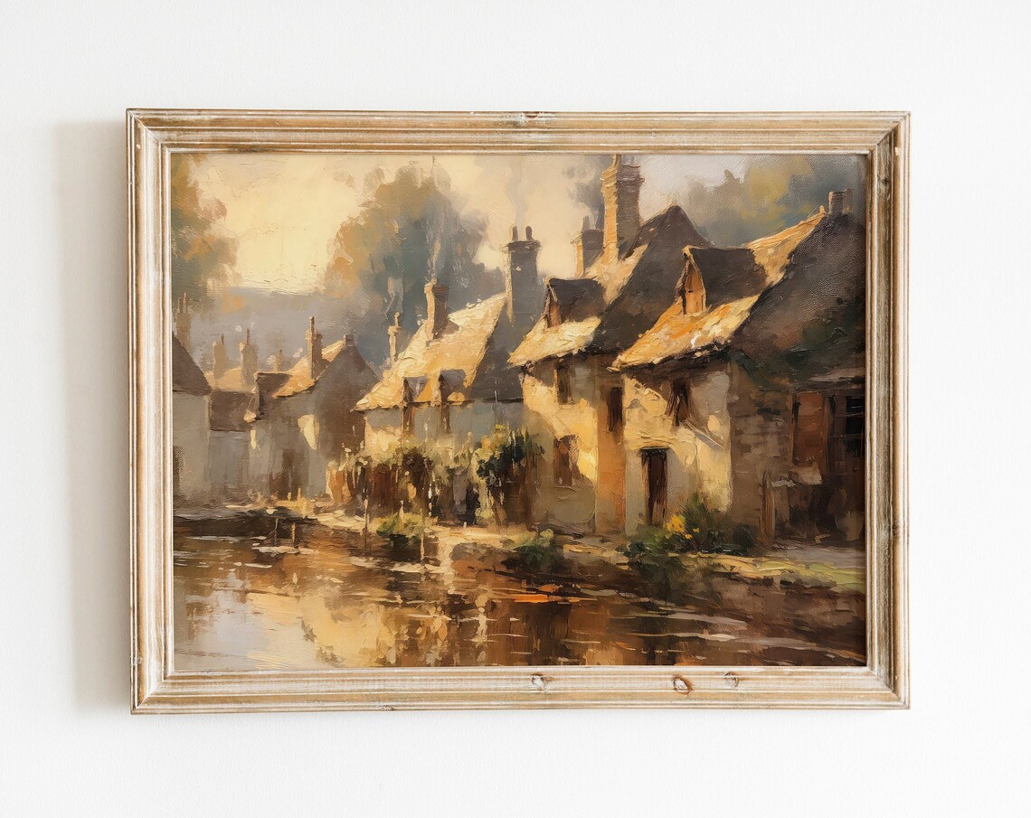 Cotswolds Village Cottages River Golden Hour Vintage Art Print
