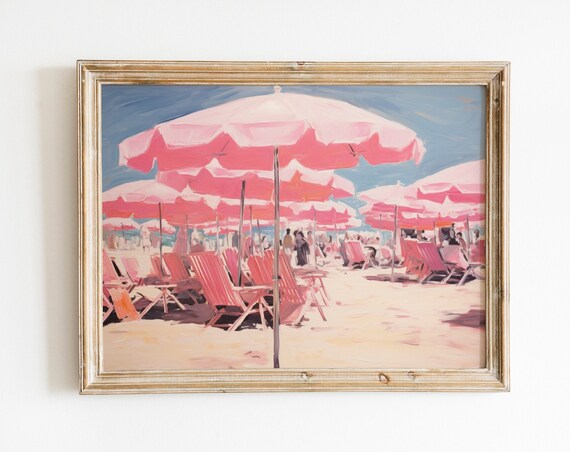 Pink Parasols Beach Chairs Sunny Pastel Seaside Resort Summer Poster
