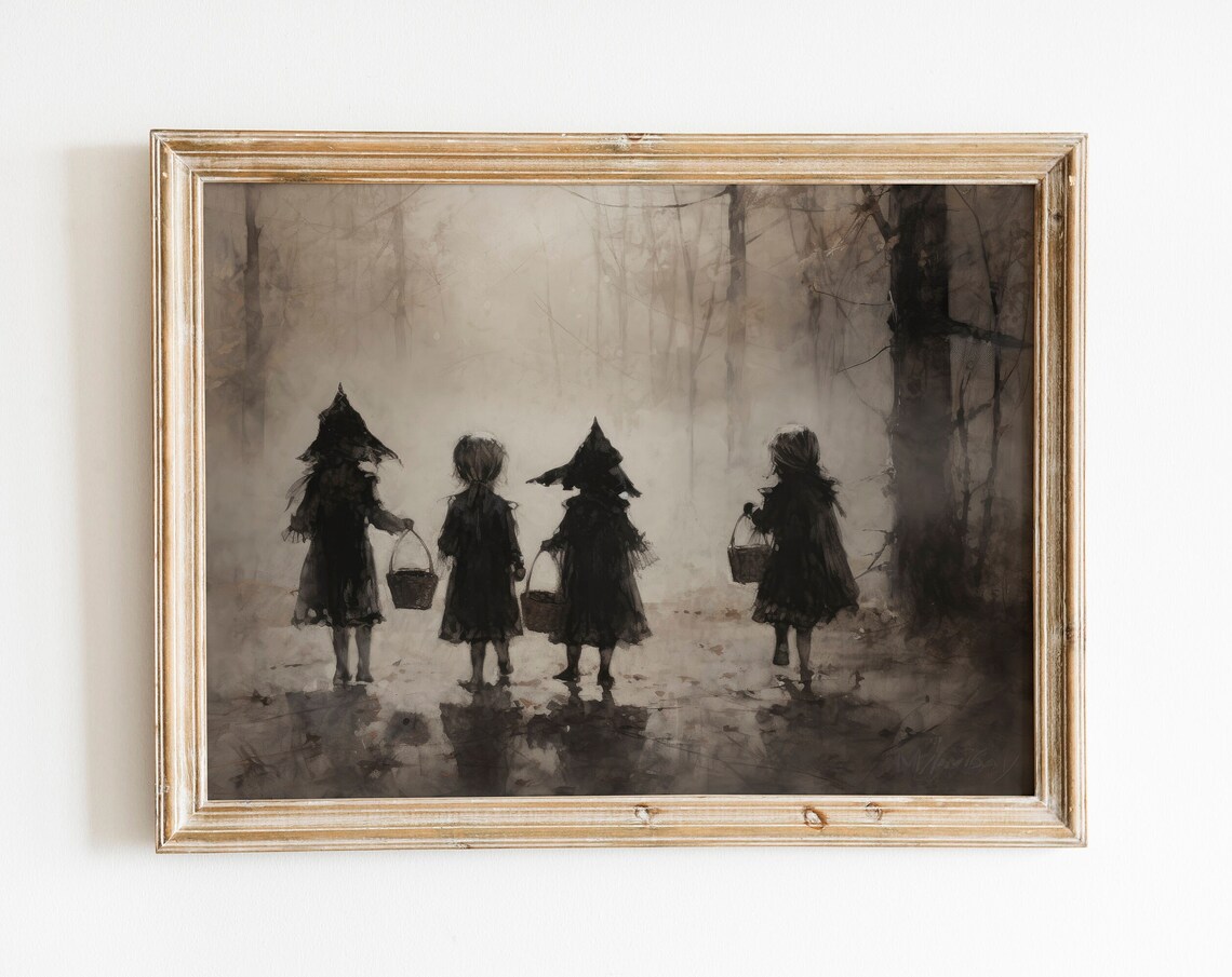Children Trick or Treating in Foggy Woods Vintage Halloween Poster