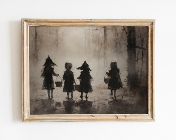 Children Trick or Treating in Foggy Woods Vintage Halloween Poster