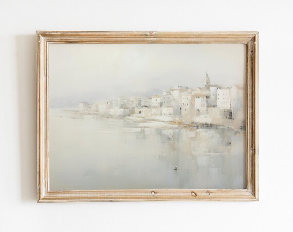 White Coastal Town Harbor Soft Neutral Minimalist Seascape Wall Art