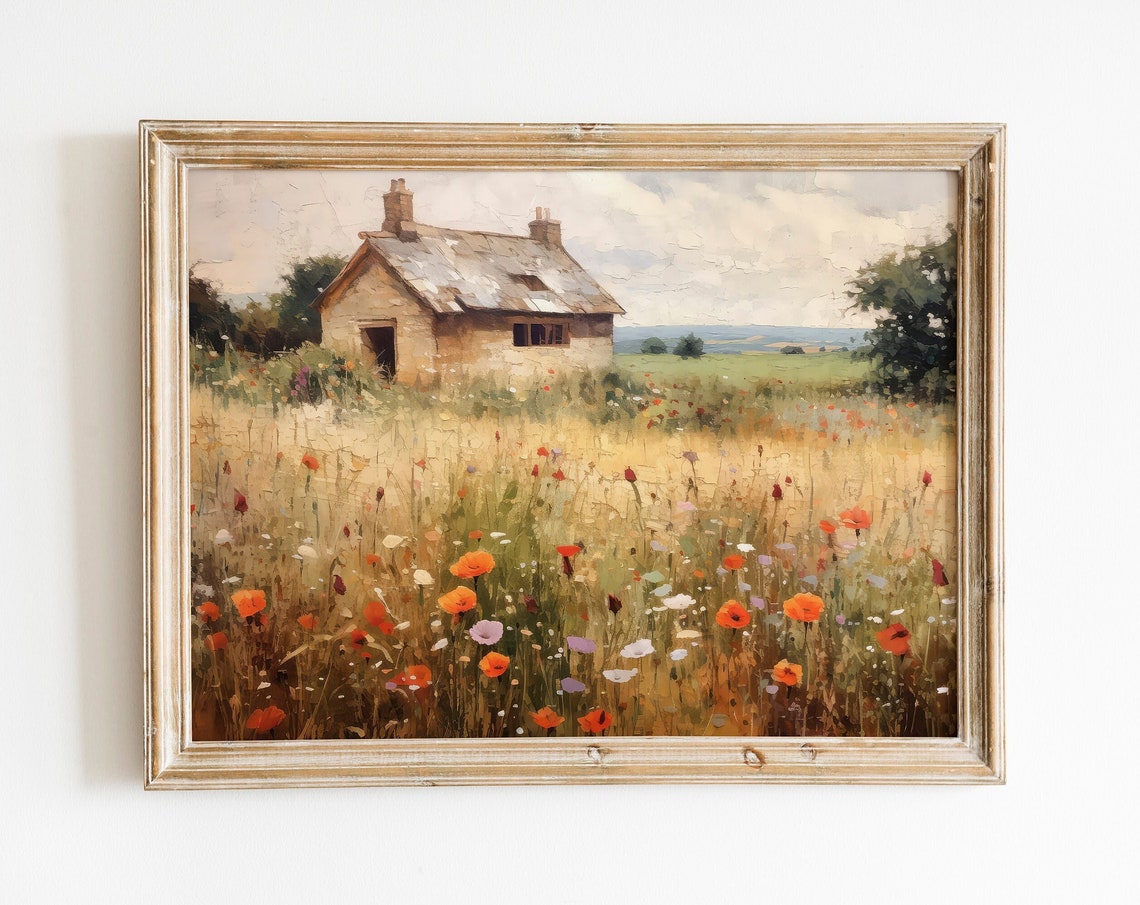 English Stone Cottage Wildflower Meadow Vintage Farmhouse Art Print