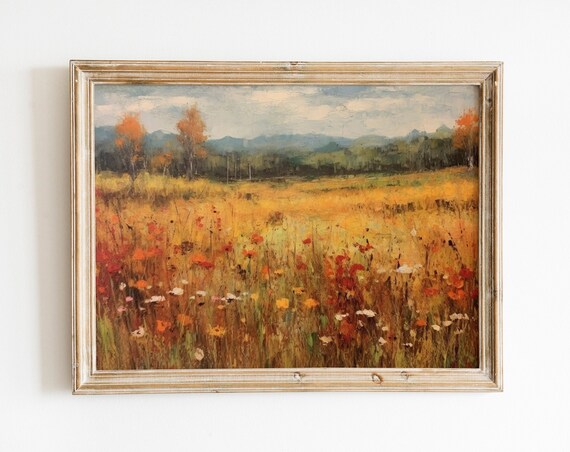 Rustic Autumn Wildflower Meadow Oil Painting Farmhouse Art Print