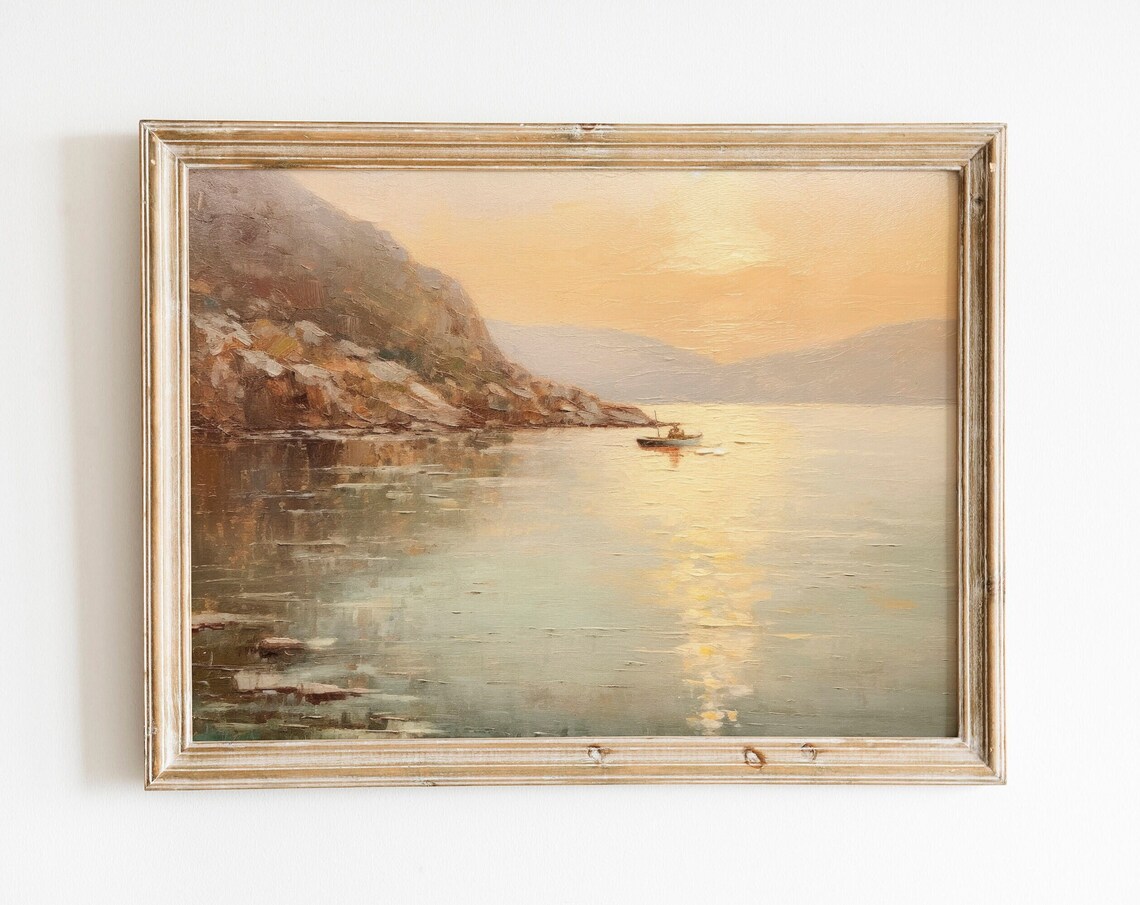 Serene Coastal Sunset Boat Calm Sea Vintage Oil Painting Poster