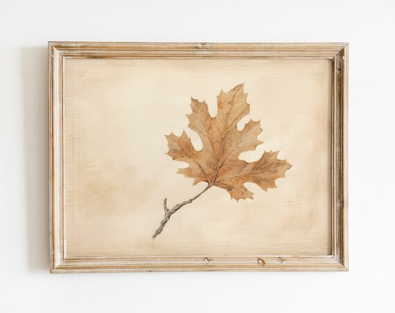 Single Oak Leaf Botanical Study Neutral Beige Vintage Poster
