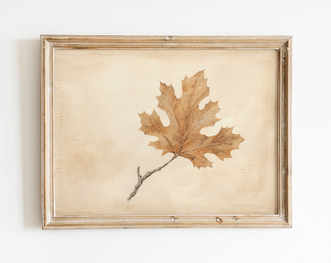 Single Oak Leaf Botanical Study Neutral Beige Vintage Poster