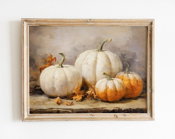 White And Orange Pumpkins Fall Harvest Still Life Art Poster