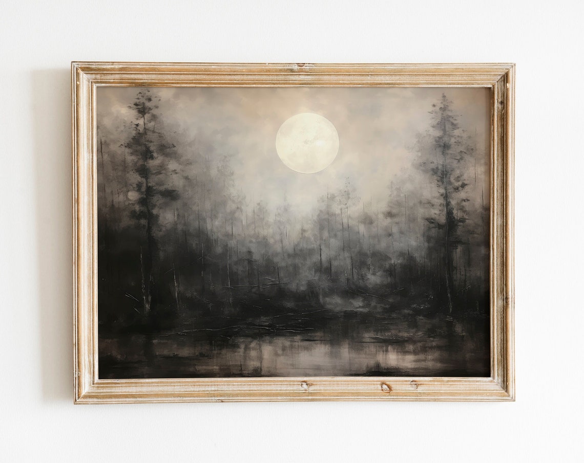 Muted Full Moon Over Misty Gray Forest Moody Halloween Poster